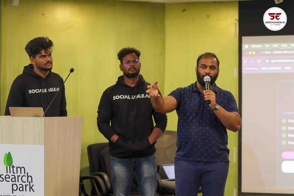 Crowded classroom with man in Social Eagle AI hoodie standing among participants